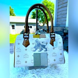 MCM Women Visetos Lion Princess Boston Bag in White